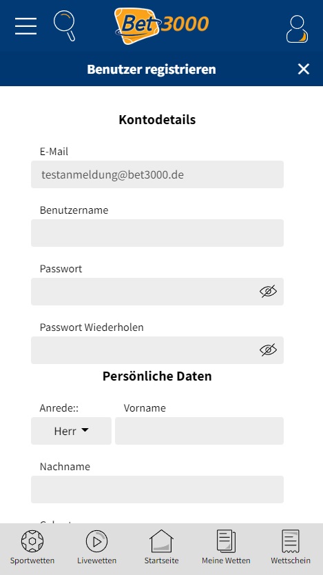 Registrierung bei Bet3000