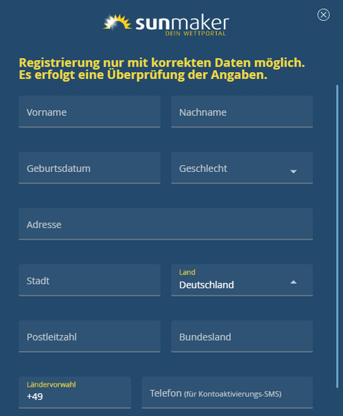 Registrierung bei Sunmaker