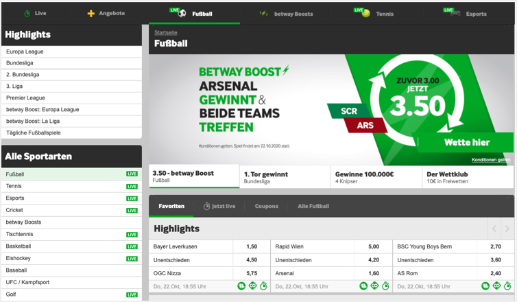 Das Wettprogramm bei Betway