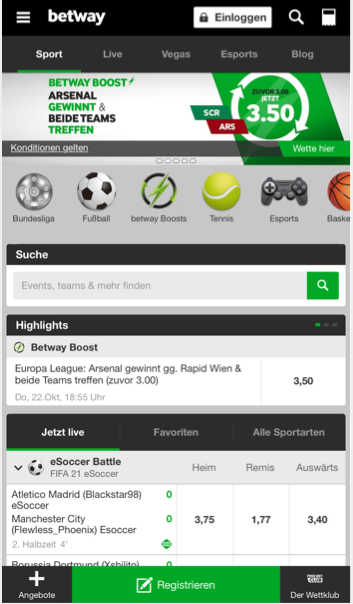 Das Wettprogramm bei Betway