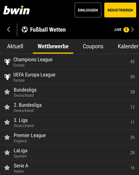 Wettmärkte im Fußball in der bwin app