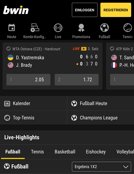 Startseite der bwin App