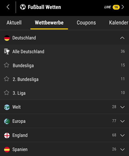 Wettangebot bei bwin