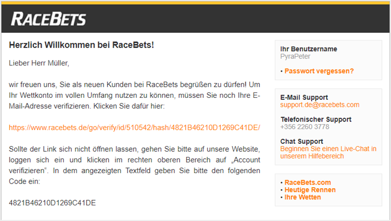 Bestätigung der eMail bei Racebets.