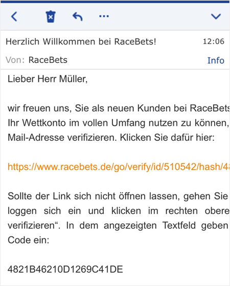 Bestätigung der eMail bei Racebets.