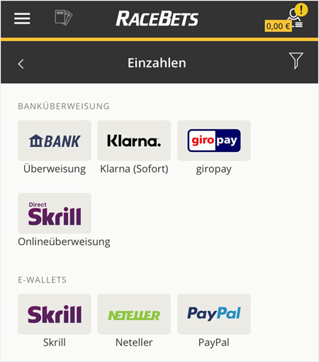 Einzahlung bei Racebets.