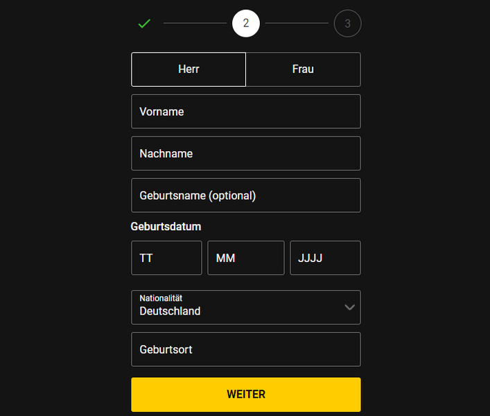 Schritt 1 der bwin Registrierung