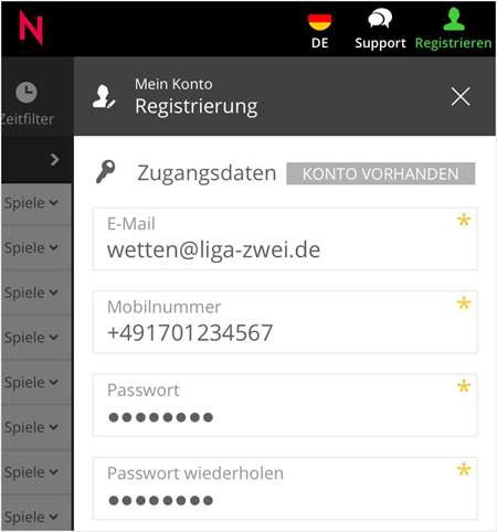 Registrierung bei Neo.bet