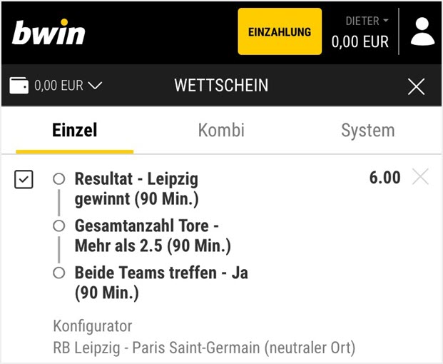 Ein-Spiel-Kombi bei bwin