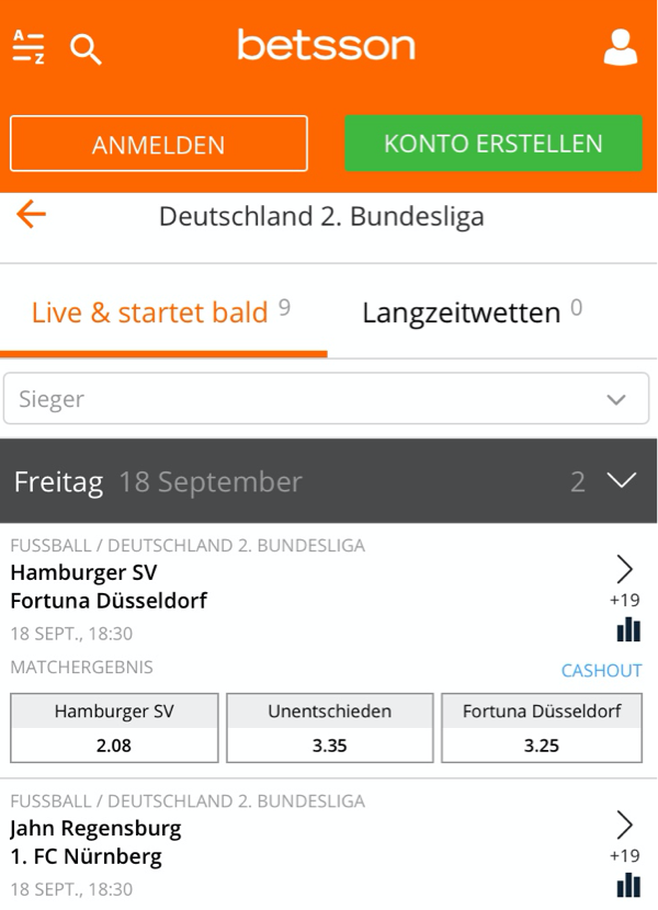 2. Bundesliga Wetten Screenshot betsson