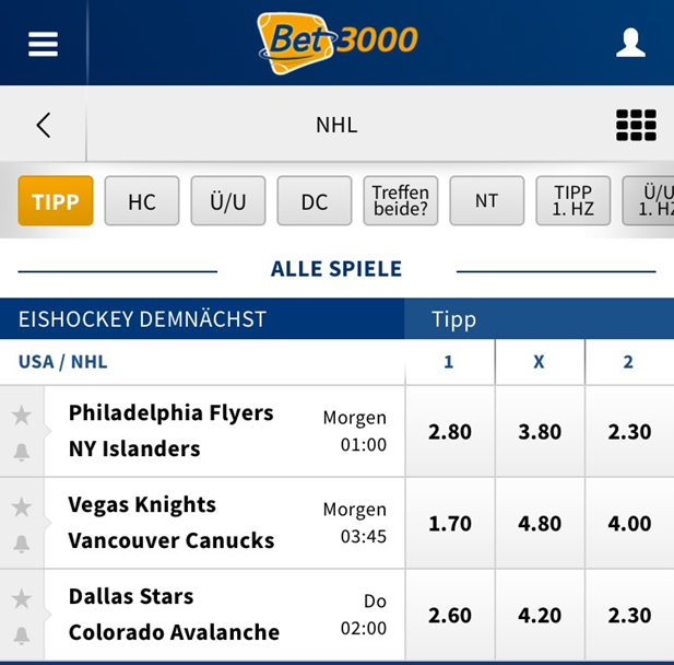 3 Weg Wette im Eishockey bei Bet3000