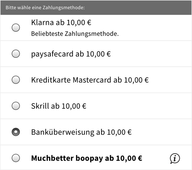 Einzahlungsmenü bei Bet3000