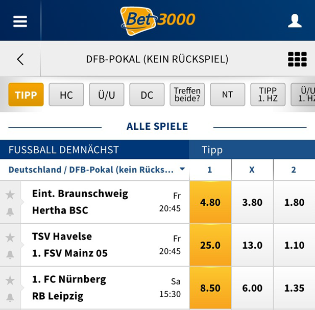 Quoten bei Bet3000 für DFB-Pokal.