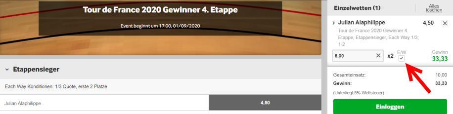 Each Way Wette bei betway