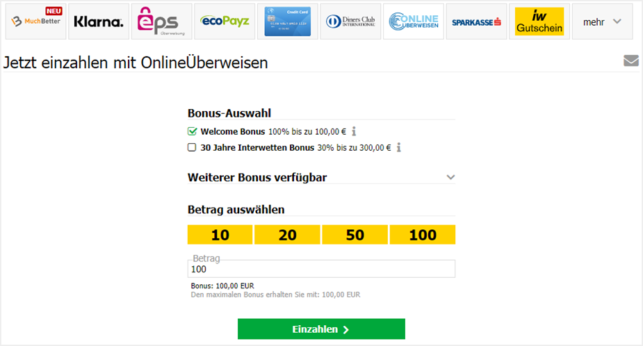 Bei Interwetten gibt's den Bonus auch bei Zahlungen via Onlineüberweisen