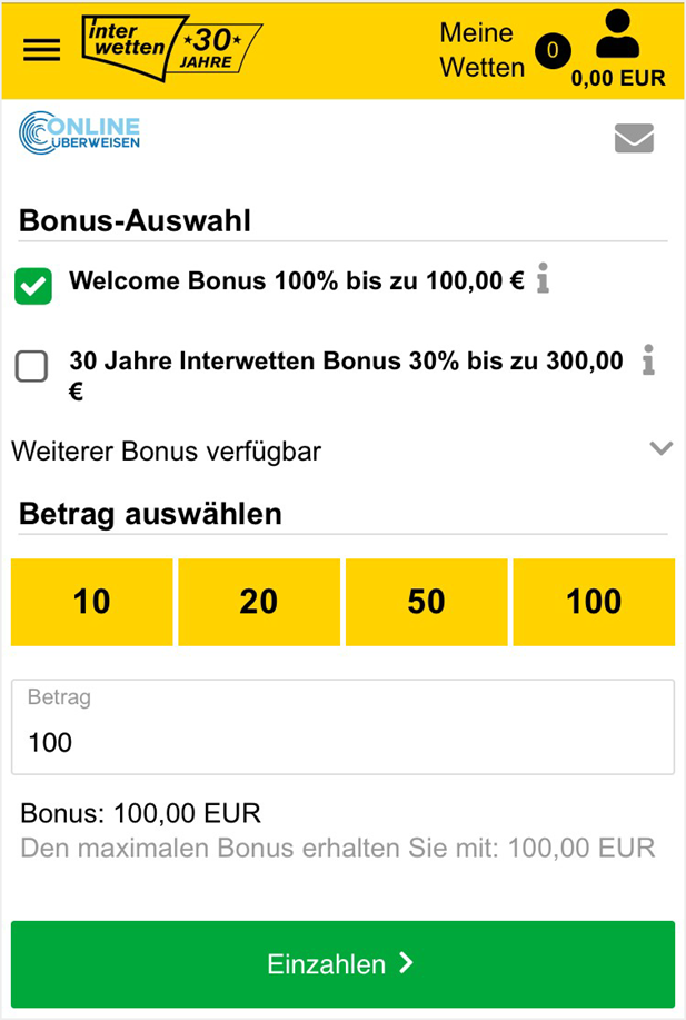 Bei Interwetten gibt's den Bonus auch bei Zahlungen via Onlineüberweisen