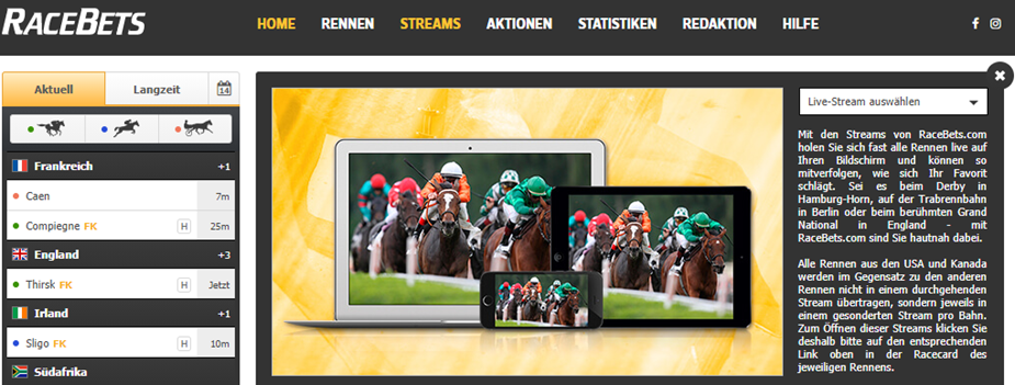 Racebets bietet auch Livestreams an.