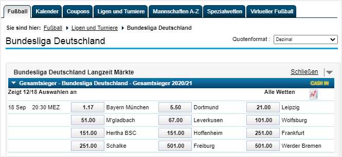 Langzeitwetten auf die Bundesliga bei William Hill.