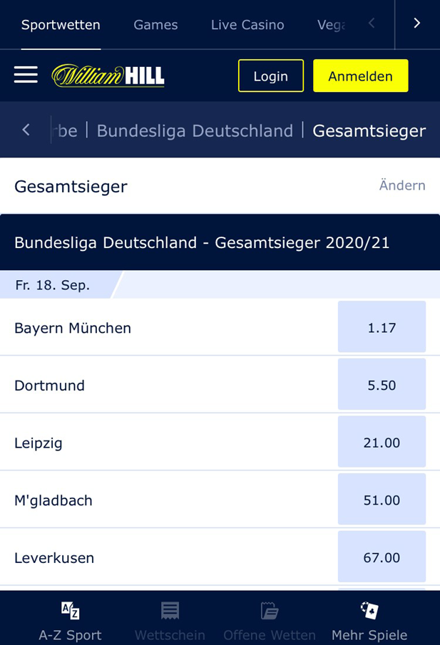 Langzeitwetten auf die Bundesliga bei William Hill.