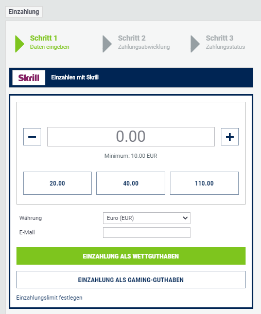 Einzahlung mit Skrill bei Interwetten