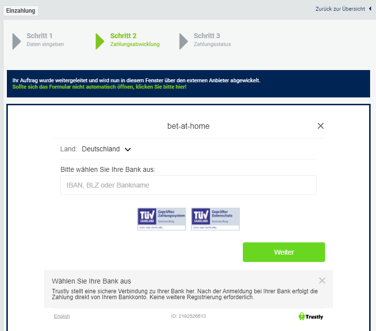 Einzahlung mit trustly bei Interwetten