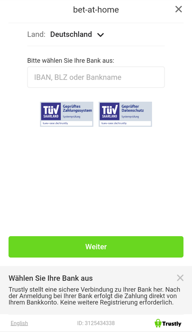 Einzahlung mit trustly bei Interwetten