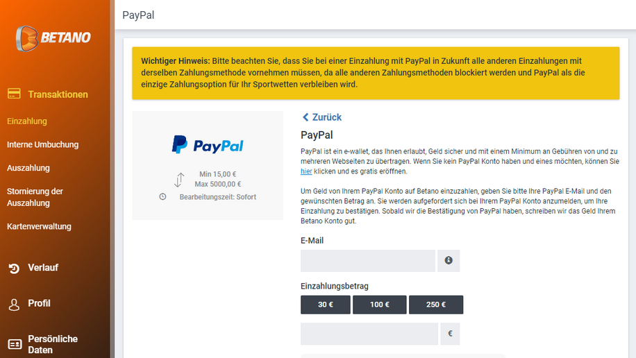PayPal Einzahlung beim Wettanbieter betano