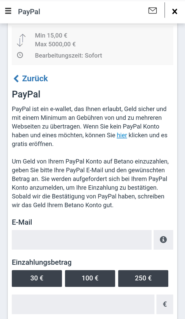 PayPal Einzahlung beim Wettanbieter betano