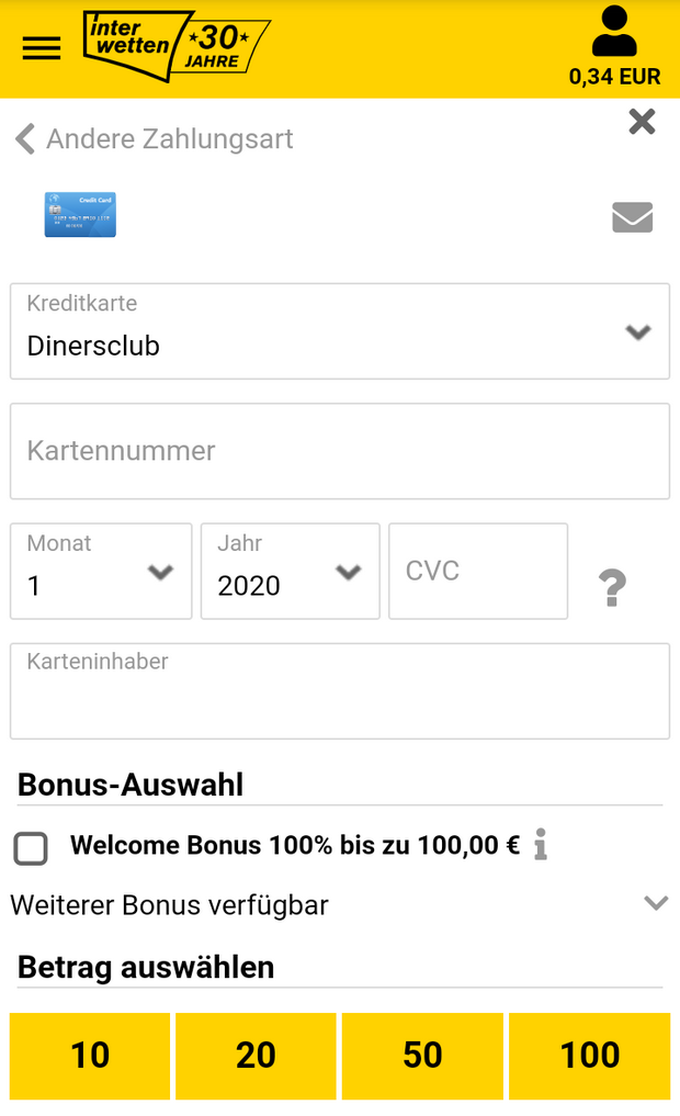 Interwetten Einzahlung mit Diners Club