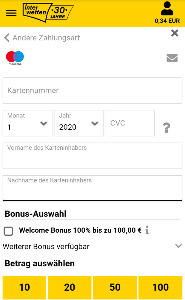 Maestro Einzahlung bei Interwetten
