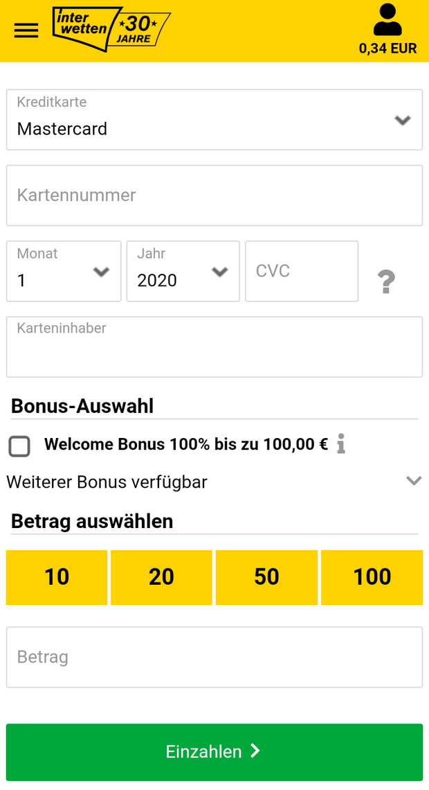 Einzahlung mit Mastercard bei Interwetten