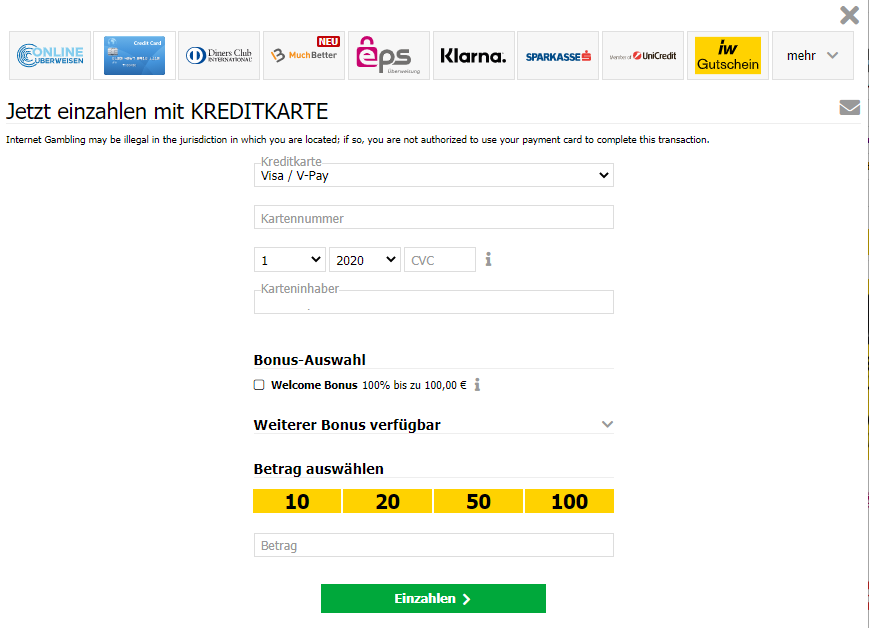 Einzahlung mit Visa bei Interwetten