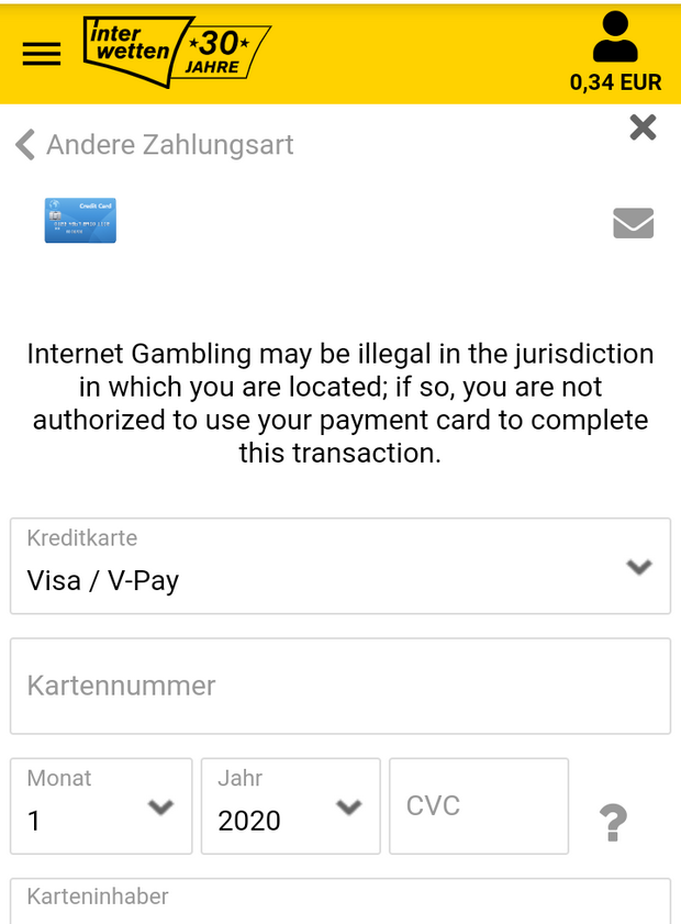 Einzahlung mit Visa bei Interwetten