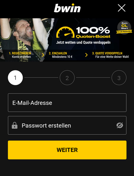 Schritt 1 der Registrierung bei bwin