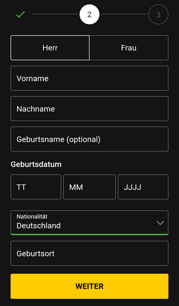 Schritt 2 der Registrierung bei bwin