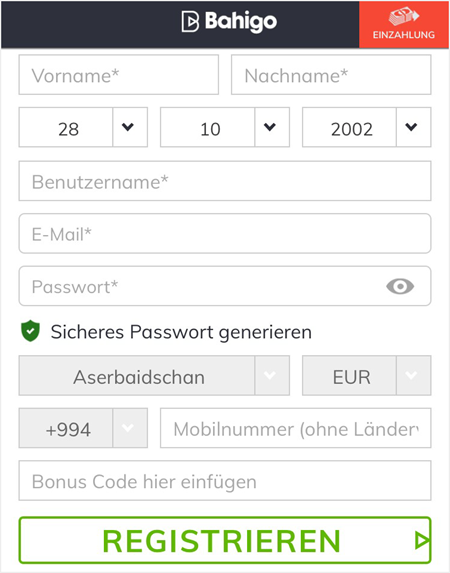 Registrierung bei Bahigo