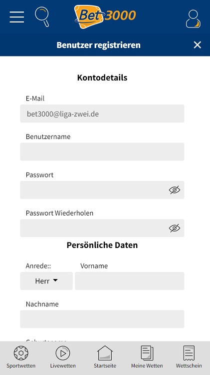 Registrierung bei Bet3000