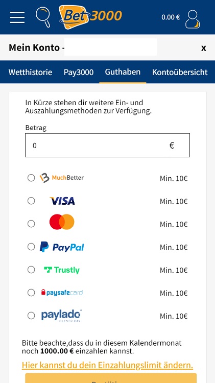 Einzahlung bei Bet3000