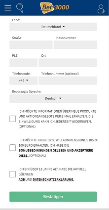 Schritt 2 der Registrierung bei Bet3000 