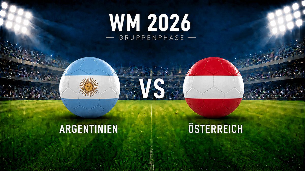 WM 2026 Gruppenphase: Argentinien gegen Österreich als Fußballgrafik mit zwei gleich großen Flaggen-Bällen im beleuchteten Stadion.