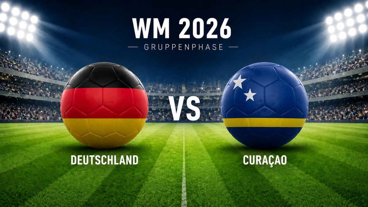 WM 2026 Gruppenphase: Deutschland gegen Curaçao als Fußballgrafik mit zwei Flaggen-Bällen im beleuchteten Stadion.