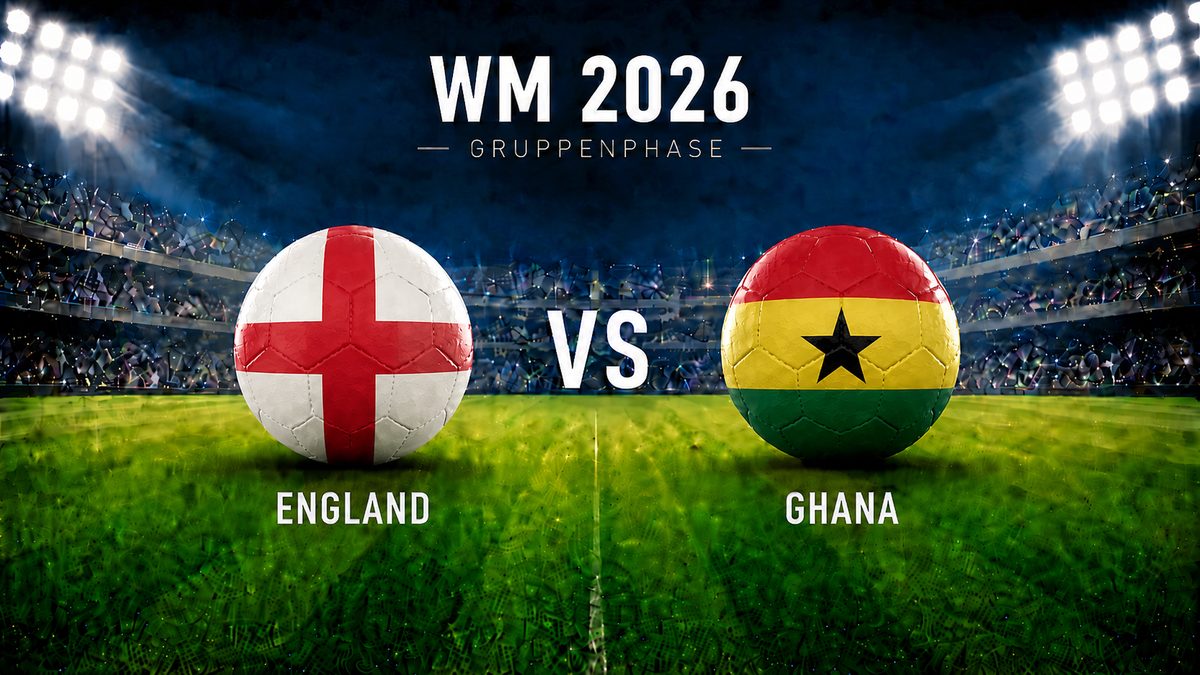 WM 2026 Gruppenphase: England gegen Ghana als Fußballgrafik mit zwei gleich großen Flaggen-Bällen im beleuchteten Stadion.