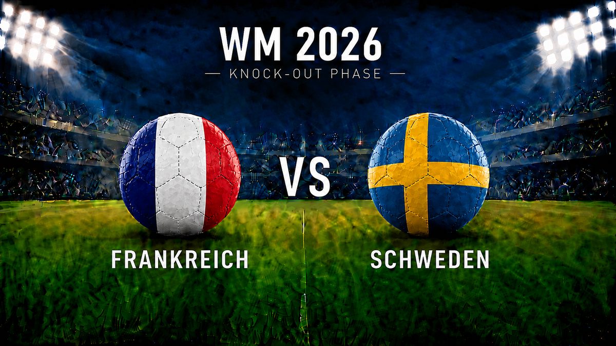 WM 2026 Knock-out-Phase: Frankreich gegen Schweden als Fußballgrafik mit zwei gleich großen Flaggen-Bällen im beleuchteten Stadion.