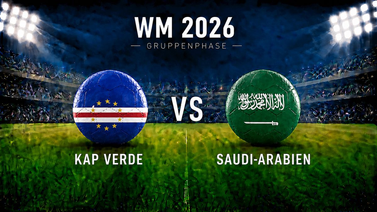 WM 2026 Gruppenphase: Kap Verde gegen Saudi-Arabien als Fußballgrafik mit zwei gleich großen Flaggen-Bällen im beleuchteten Stadion.