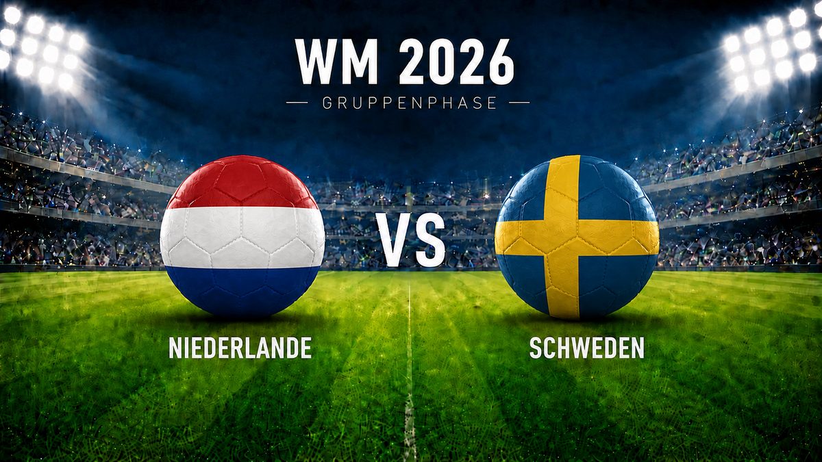 WM 2026 Gruppenphase: Niederlande gegen Schweden als Fußballgrafik mit zwei gleich großen Flaggen-Bällen im beleuchteten Stadion.