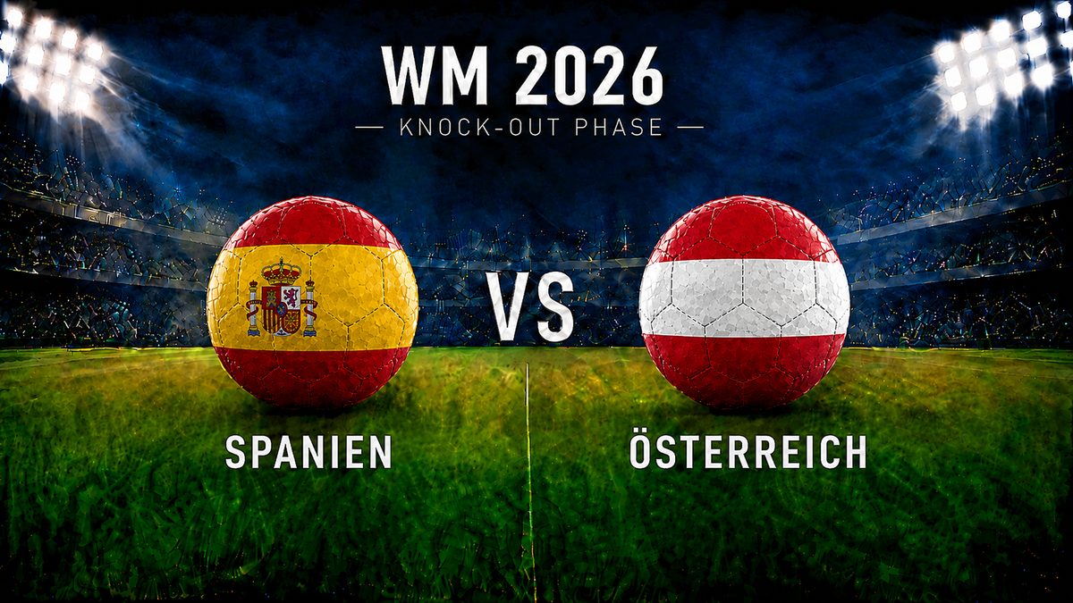 WM 2026 Knock-out-Phase: Spanien gegen Österreich als Fußballgrafik mit zwei gleich großen Flaggen-Bällen im beleuchteten Stadion.
