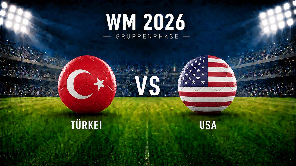 WM 2026 Gruppenphase: Türkei gegen USA als Fußballgrafik mit zwei gleich großen Flaggen-Bällen im beleuchteten Stadion. 
