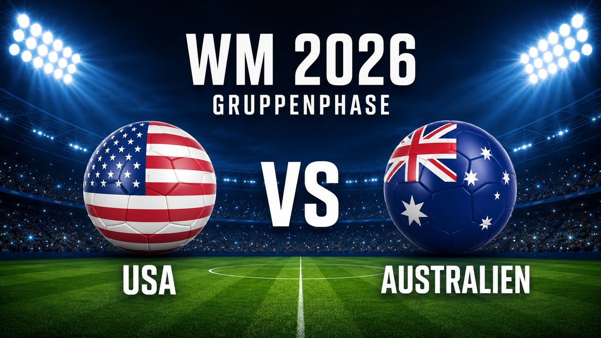 WM 2026 Gruppenphase: USA gegen Australien als Fußballgrafik mit zwei gleich großen Flaggen-Bällen im beleuchteten Stadion.