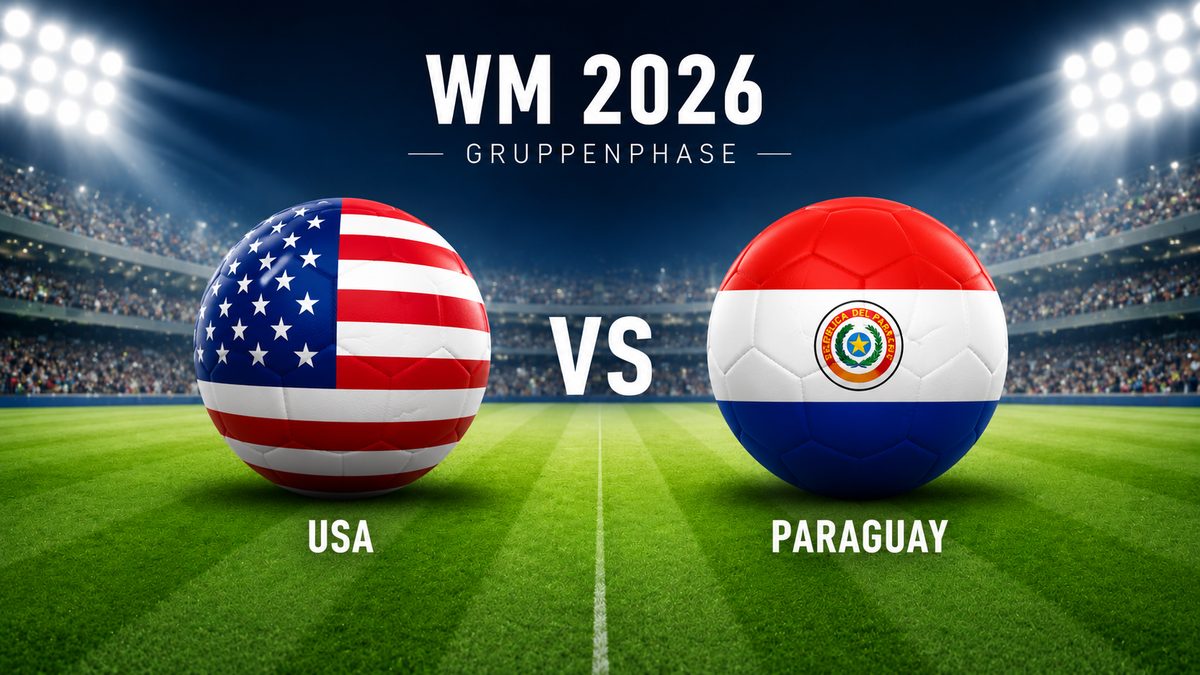 USA gegen Paraguay in der WM 2026 Gruppenphase als Fußballgrafik mit zwei Flaggen-Bällen im Stadion.