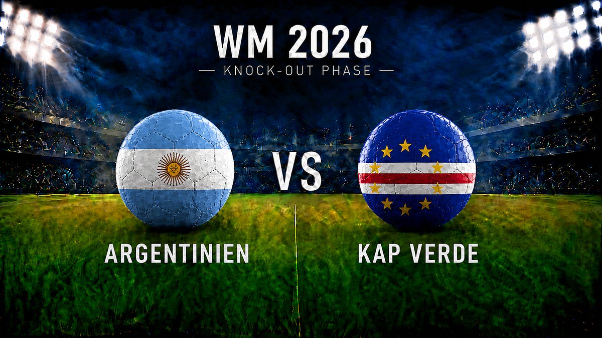 WM 2026 Knock-out-Phase: Argentinien gegen Kap Verde als Fußballgrafik mit zwei gleich großen Flaggen-Bällen im beleuchteten Stadion.